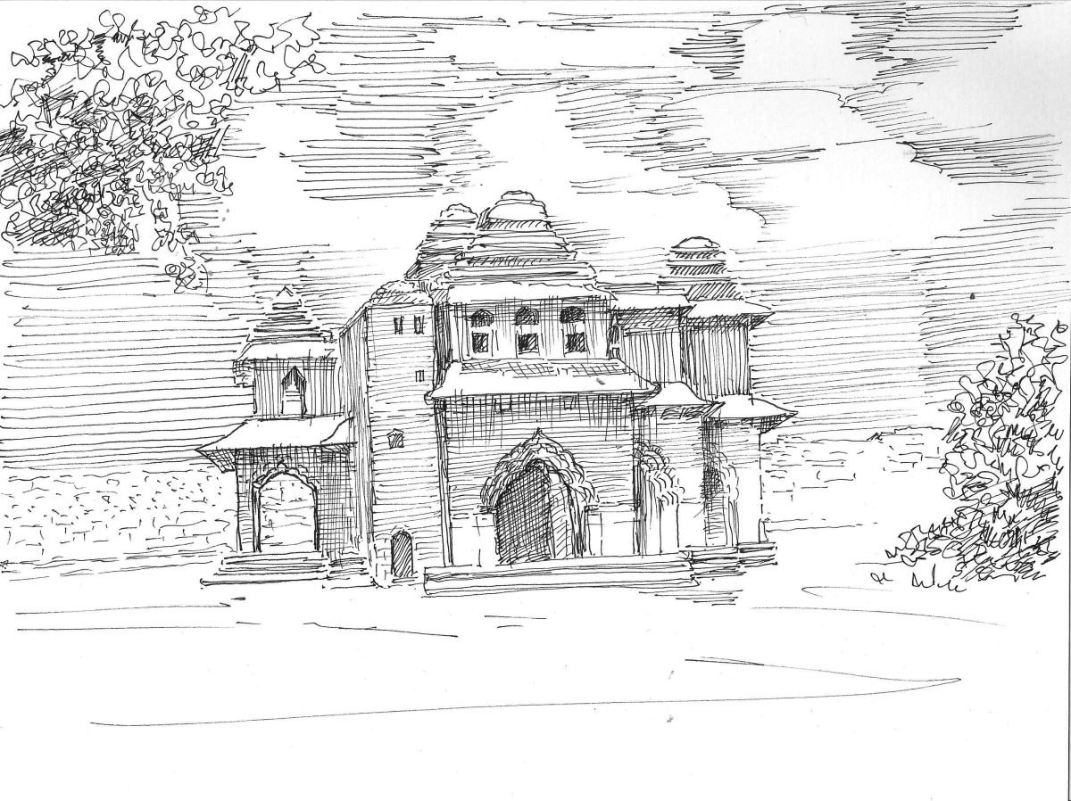 Lotus Mahal, Hampi Ruins- Ink drawing 9.25x 7.00 by Asha Shenoy