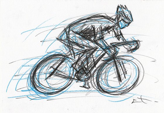 Esquisse crayon bleu et fusain, Cycliste