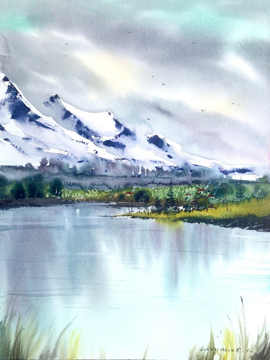 Impressionistic Landscape Watercolour By Eugenia Gorbacheva, 12 X 16, Mountain Lake #22, Original Artwork