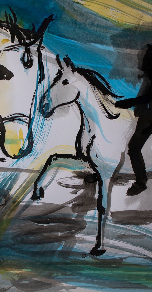 Dynamic horse sketch, horses at sunny beach by René Goorman