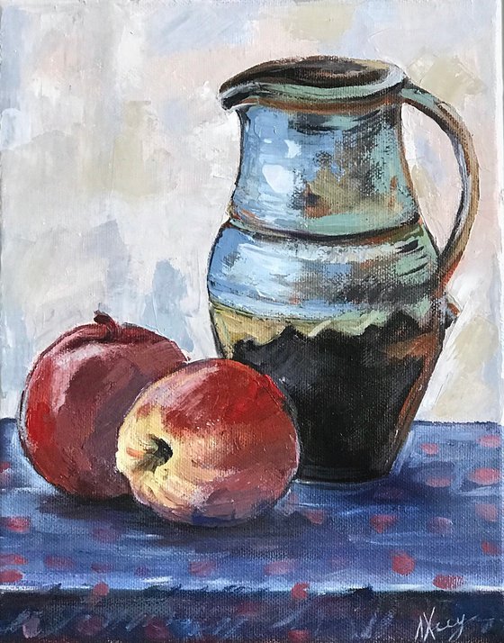 Still life apples and jug on table 22x27 cm