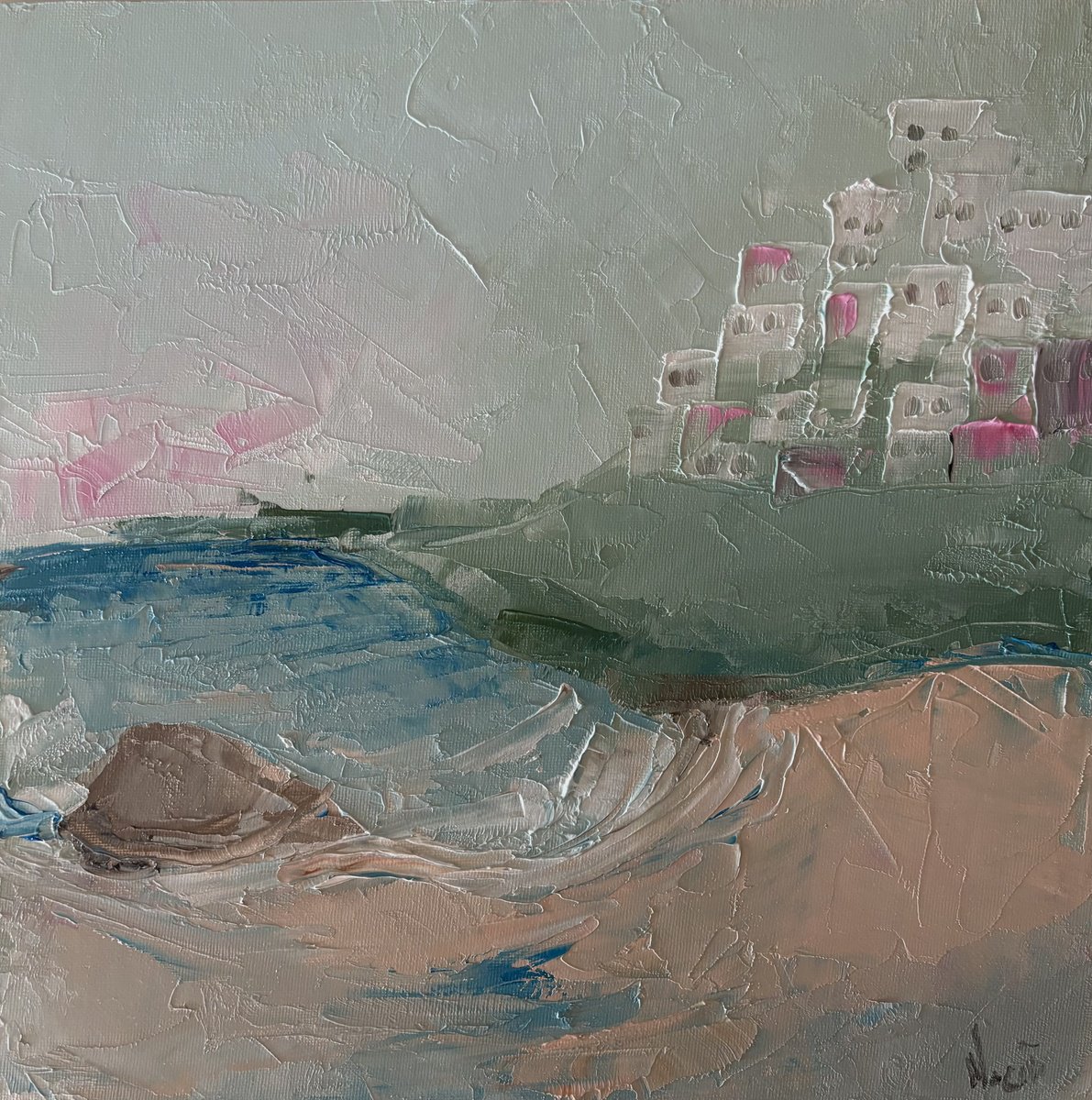 Expressive Oil Painting , Coastal Sea View Beach Greek Houses Island By Daniela Nocito, 12 X 12, Artwork For Sale On Artfinder