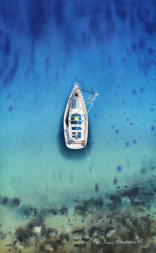 Sailing boat near the coast blue sea original watercolor painting medium size photorealistic stile gift idea by Irina Povaliaeva