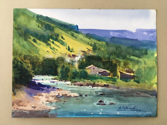 Summer landscape painting with river