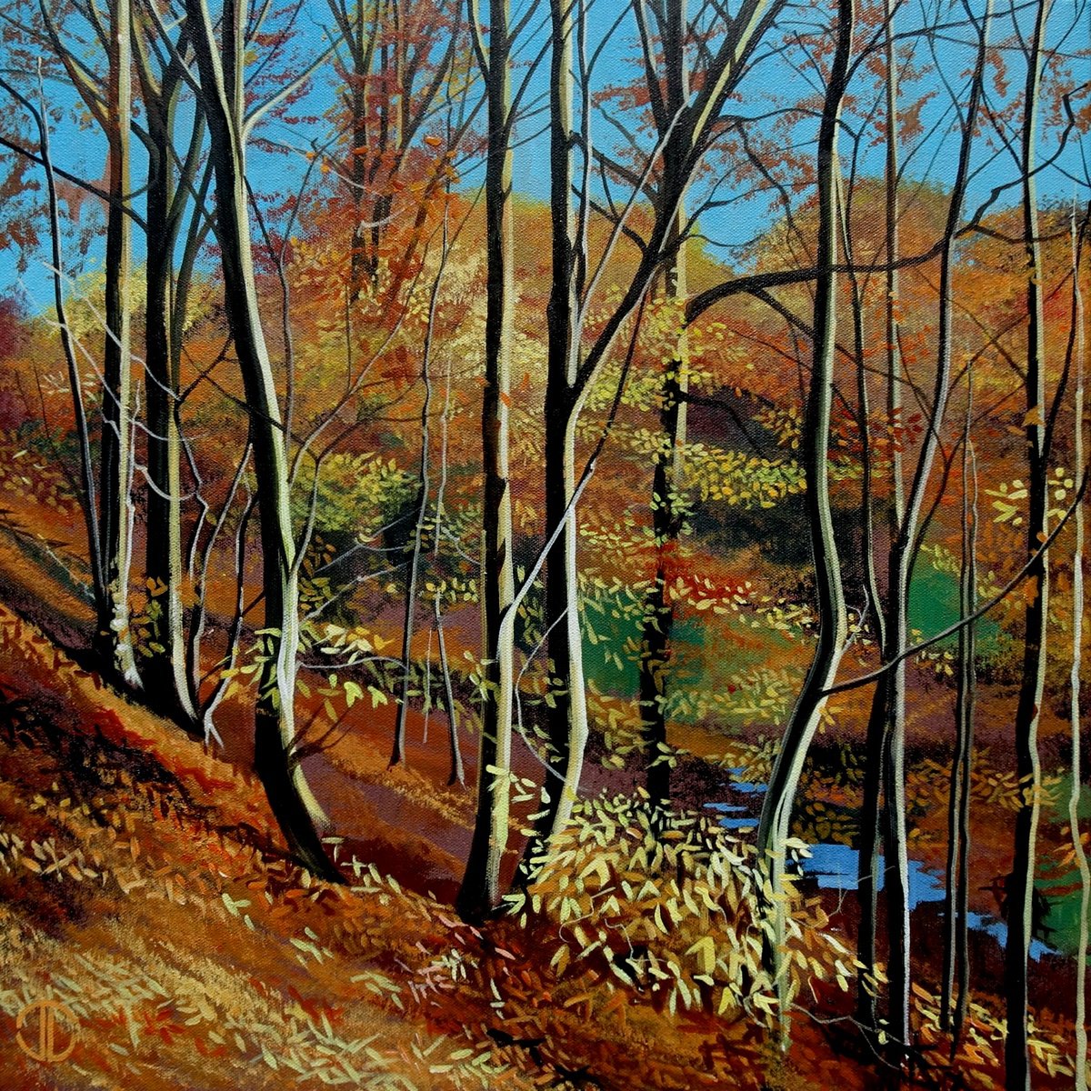 Impressionistic Landscape Acrylic Painting By Joseph Lynch, 20 X 20, Autumn Sunlight, Original Artwork