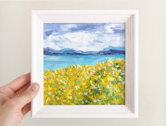 Impressionist landscape, sea, flower meadow, small oil painting