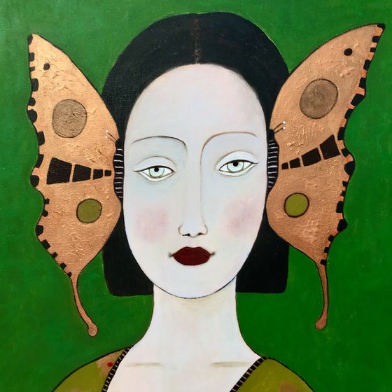 Lady with copper butterflies