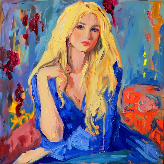 Flirty woman in blue dress