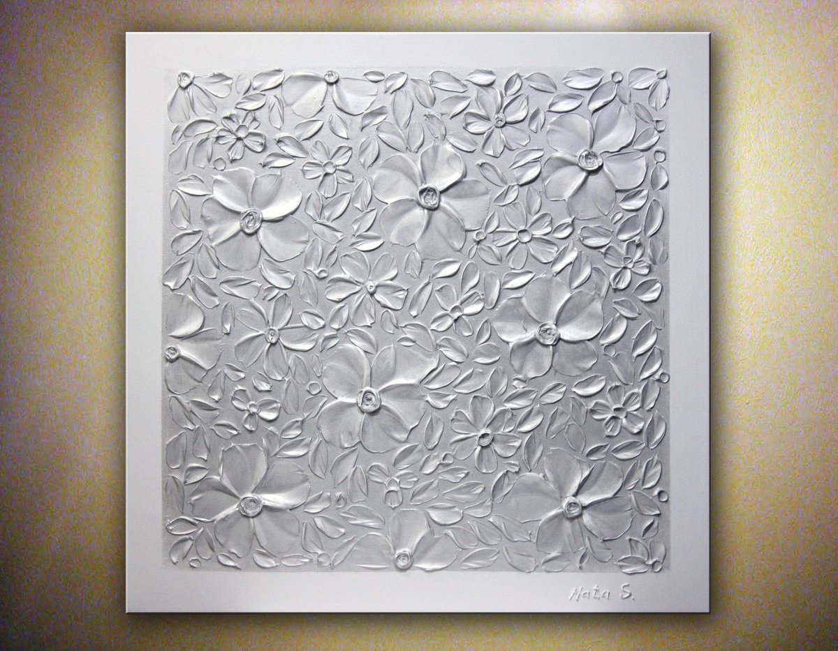 Spring Love - Silver Heavy Textured Acrylic Flowers Painting 61cm x 61cm by Nataliya Stupak