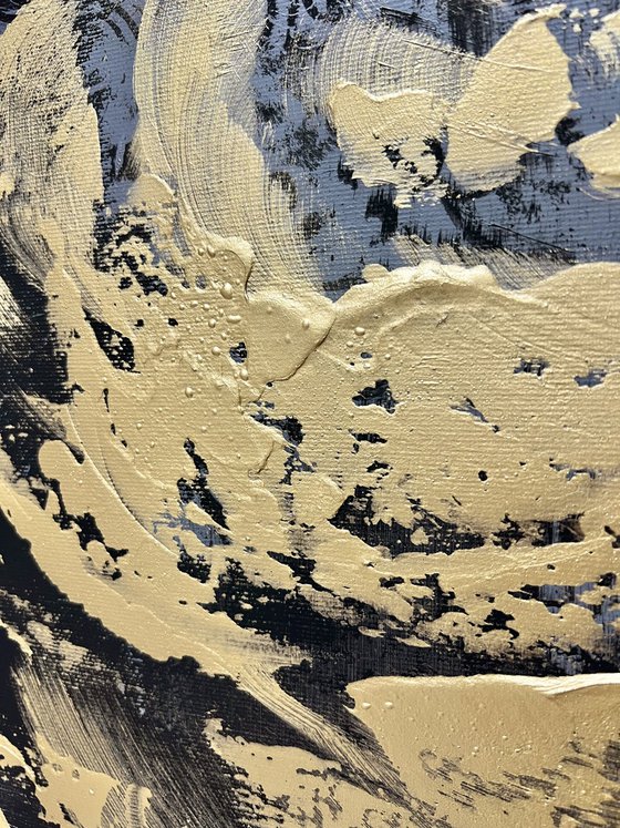 Golden Black abstract painting. Black and gold abstraction flower.  AMAZING GOLD