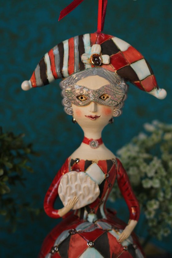 Carnival Dame as sculptured ceramic bell doll by Elya Yalonetski