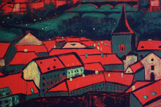 Big acrylic painting Red roofs of Prague, green and red