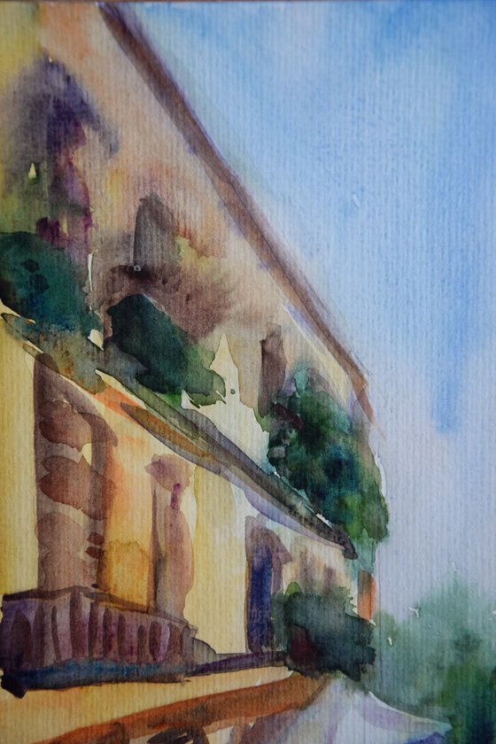 Italy old town original watercolor painting, summer abstract cityscape Europe