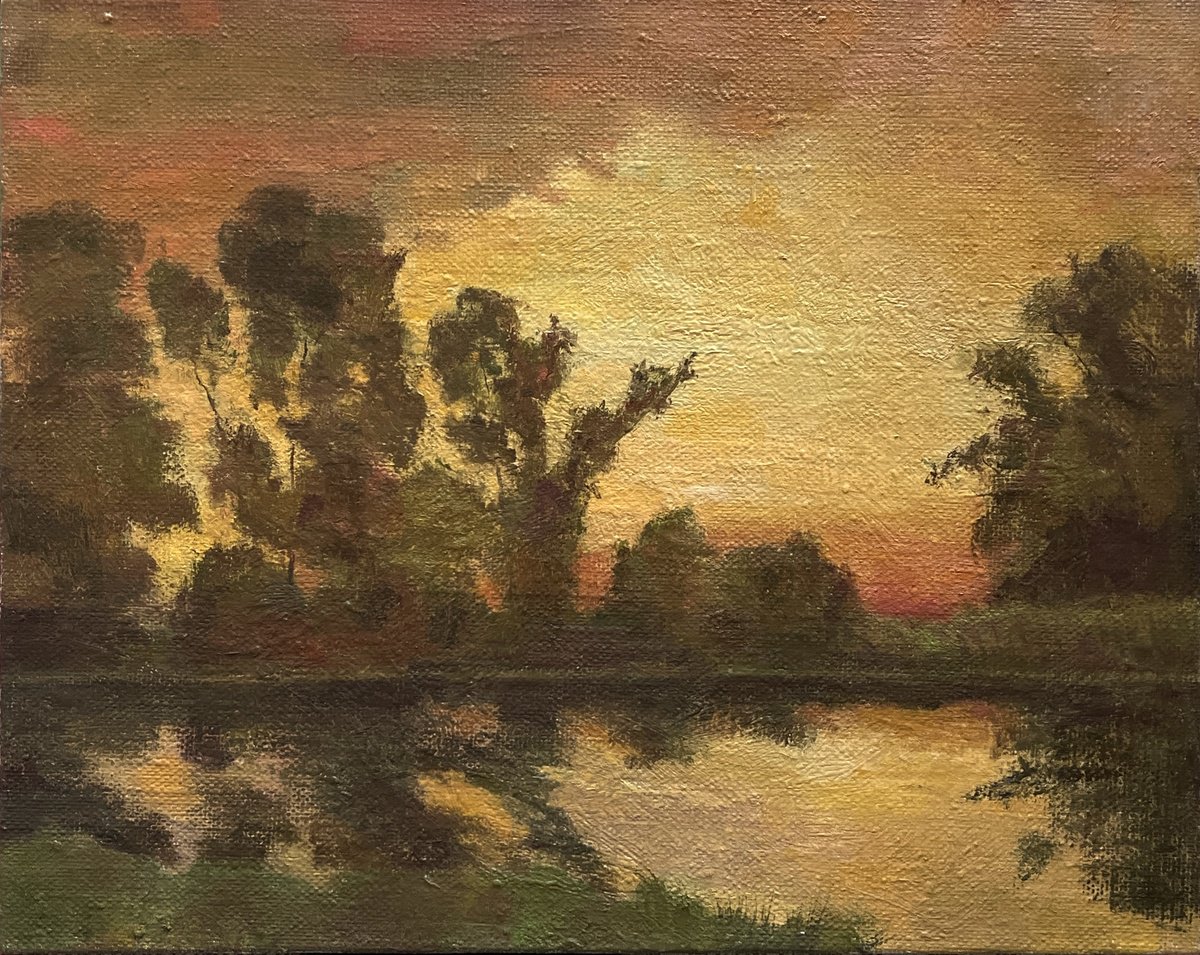 Impressionistic Landscape Oil Painting By Bohdan Dobrivskyi, 20 X 16, Yellow Sunset, Original Artwork