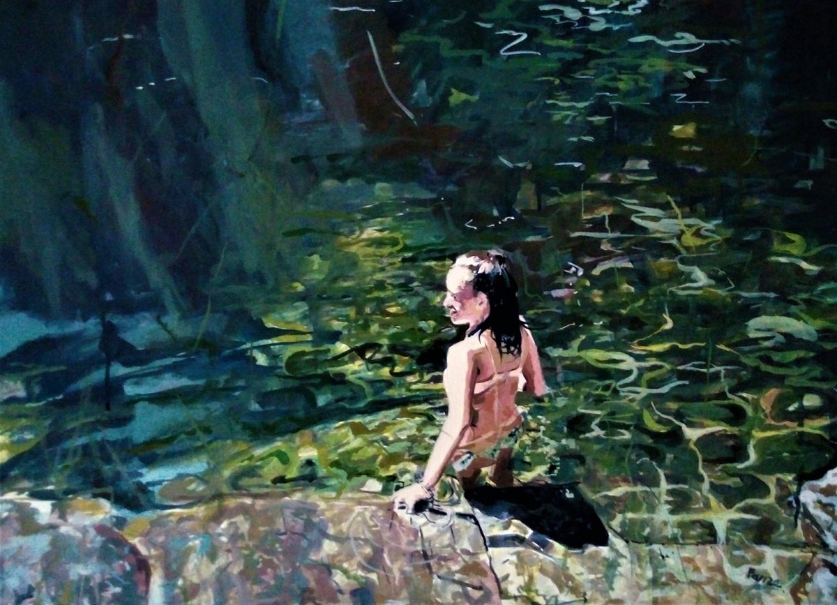 Impressionistic Landscape Oil Painting By Amaya Fernandez Fariza, 28 X 20, In The Water, Original Artwork