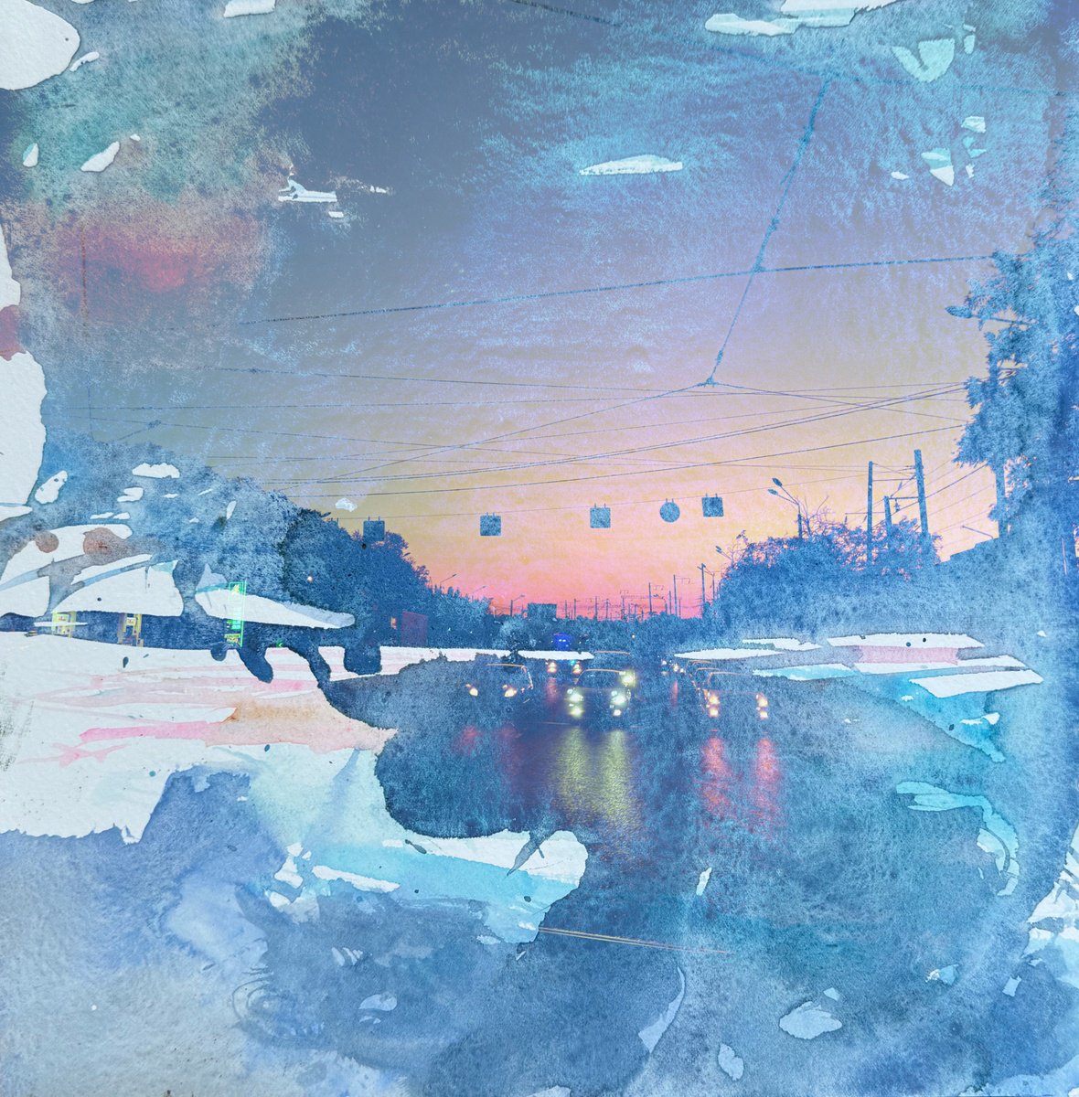 Expressive Cityscapes Photograph By Yuliia Sharapova, 23 X 23", Cityscape Night, Original Artwork