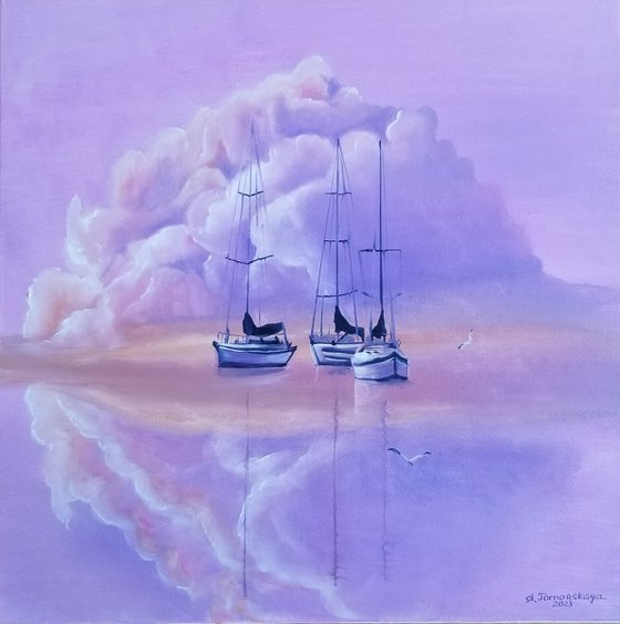 Marshmallow Clouds. Mother's Day Gift. Spectacular Oil Painting on Canvas. Gorgeous Sea Landscape. Home Decor. Square Wall Art.