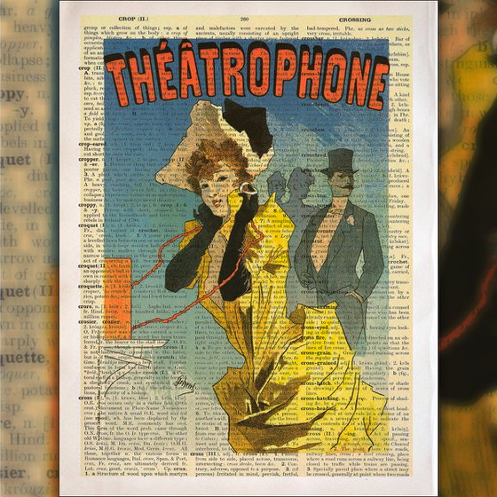 Théâtrophone - Collage Art Print on Large Real English Dictionary Vintage Book Page
