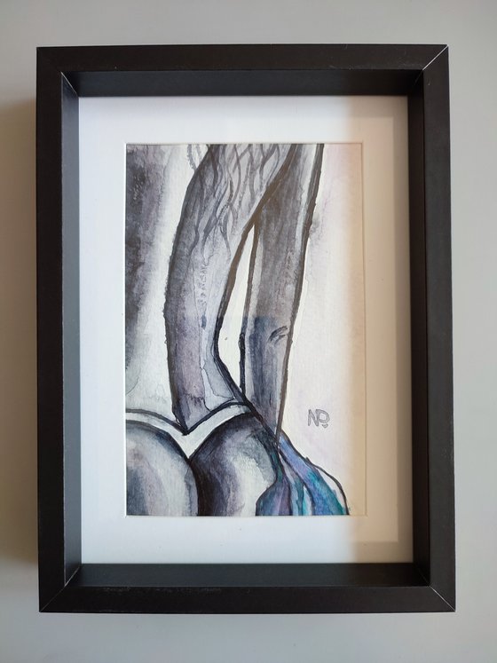 Erotic beauty, original gestural nude black and white painting, framed