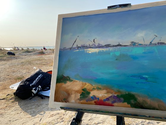 Kitesurfing - Сatch before sunset, 47*37cm, impressionistic oil impasto landscape painting