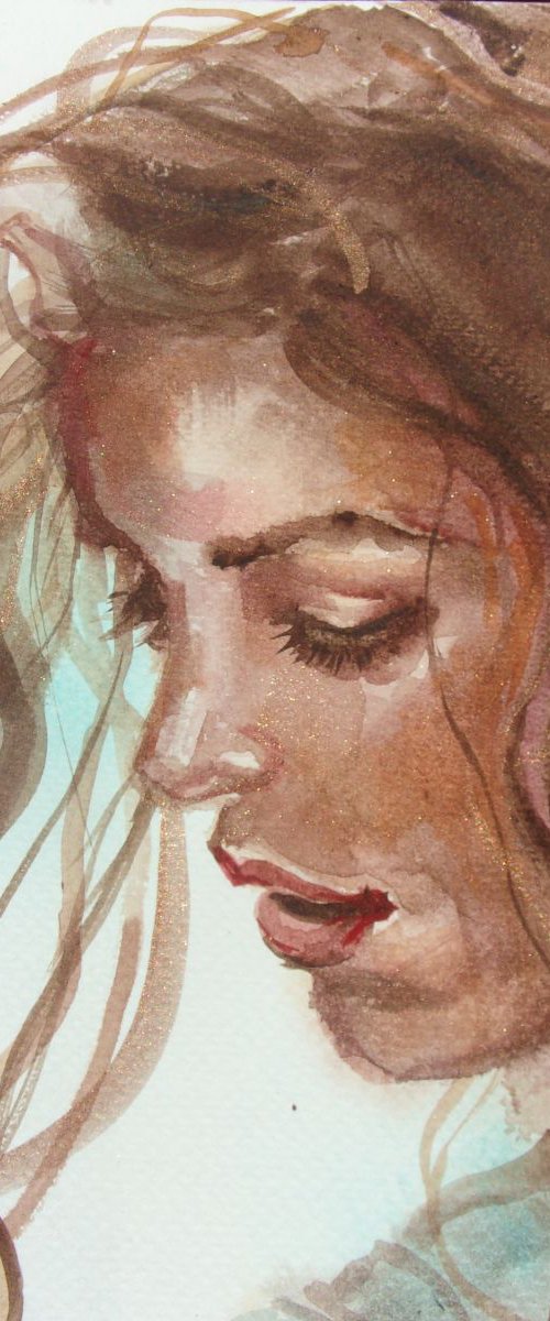 " GIRL  ... " gold particles  40x30cm original WATERCOLOURS painting  GIFT MODERN URBAN ART OFFICE ART DECOR HOME DECOR GIFT IDEA by Monika Luniak