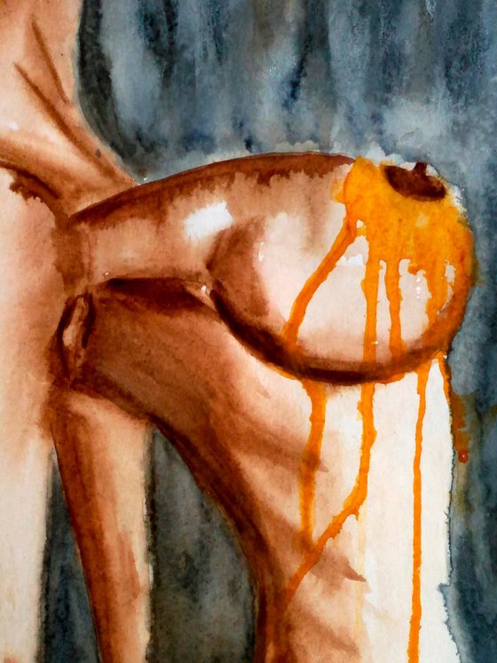 Nude Painting Woman Original Art Female Sitting Nude Watercolor Woman's Breast Small Erotic Home Wall Art 12 by 17" by Halyna Kirichenko