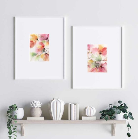 Abstract flowers. Watercolor floral set of 2 paintings