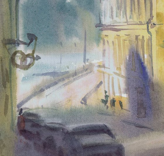 Vyborg. Street to the fortress. Watercolour by Marina Trushnikova. Cityscape. Plain air artwork.