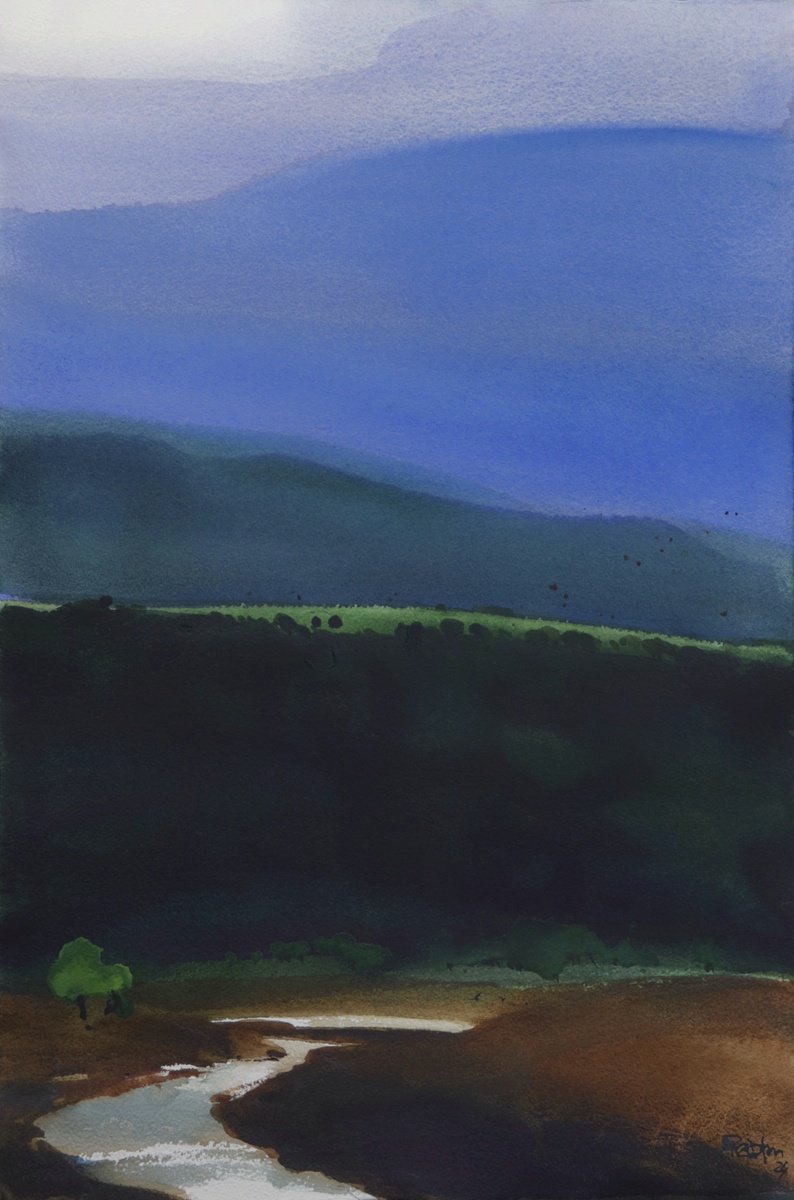 Impressionistic Landscape Watercolour By Prashant Prabhu, 15 X 22", Minimalist Mystical Hills, Original Artwork