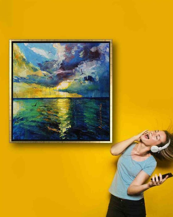 Semi Abstract Seascape with Sunset and Seagulls, Original Acrylic Painting on Canvas, Sunset Impressionist Painting, Expressive Brush Strokes, Textured Painting, Gestural Style