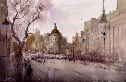 View of the picturesque Gran Via street in Madrid by Andrii Kovalyk