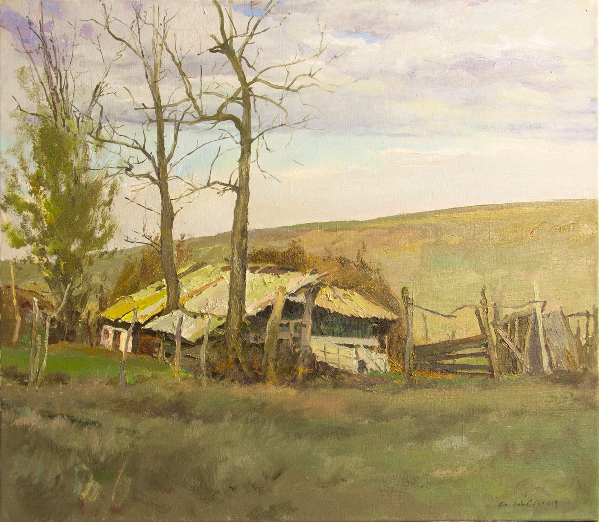 Expressive Landscape Oil Painting By Sergey Kostov, 31 X 28", The Steppe Landscape, Original Artwork