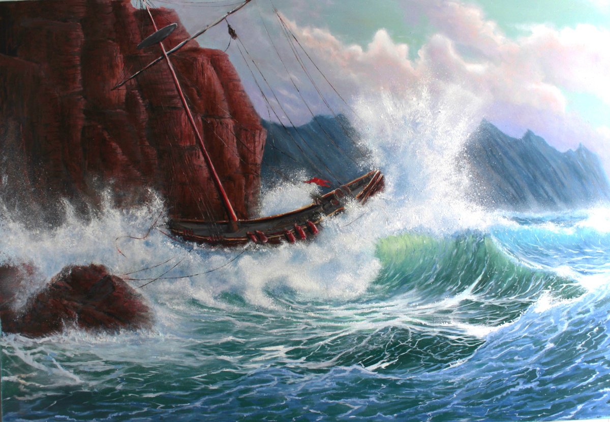 Photorealistic Landscape Oil Painting By Artem _Ar.ko, 46 X 32, Dangerous Waters, Original Artwork