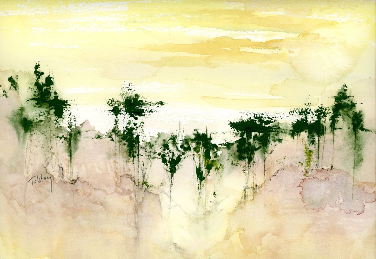 Impressionistic Landscape Watercolour By Alex Tolstoy, 14 X 10, Treeline, Original Artwork