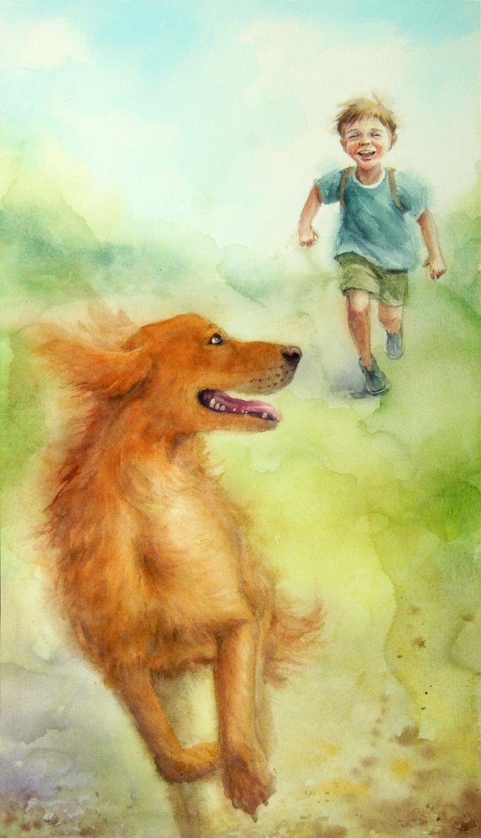 Carefree Childhood - Running with Redheaded Dog by Olga Beliaeva Watercolour