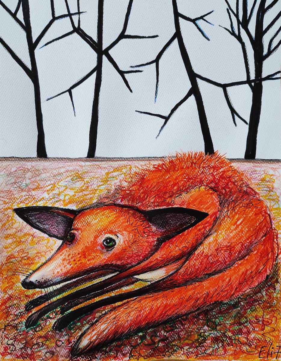 Expressive Animal Drawing By Elisheva Nesis, 9 X 12, Keeper Of Autumn Treasures, Original Artwork
