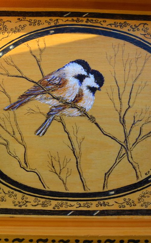 Chickadee Pair Tray # 1 - Mixed Media on Wood Tray by Kathleen McDermott