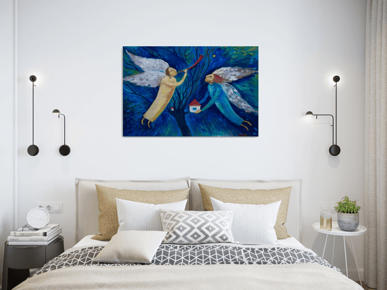 ANGELS - big oil painting angels in the sky Christmas interior idea for present Easter gift