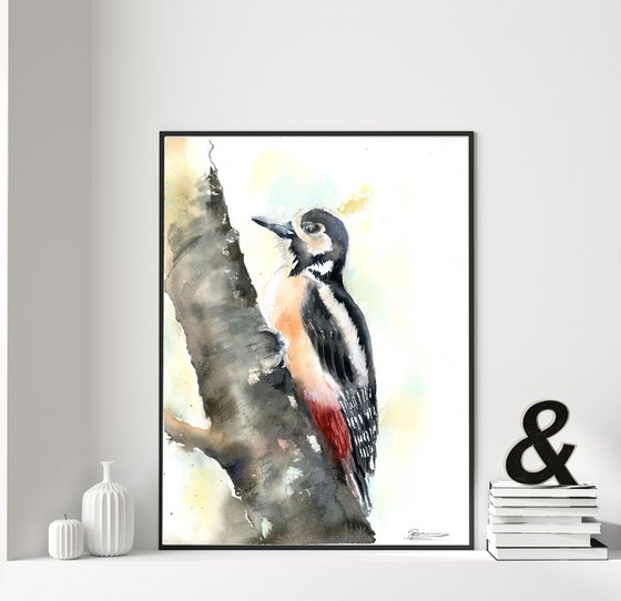 Woodpecker  -  Original Watercolor Painting by Olga Shefranov