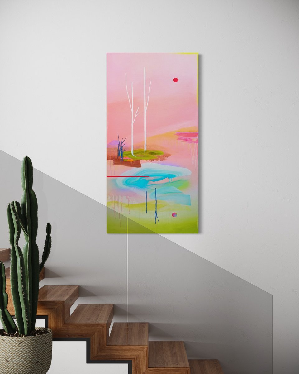 Abstract Landscape Acrylic Painting By Sara Hoque, 31 X 61", Still, Original Artwork