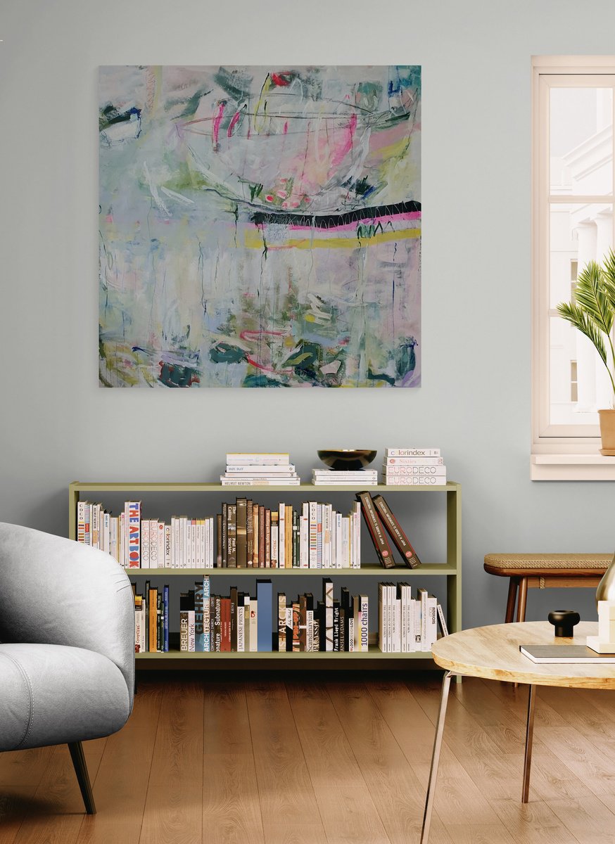 Organic Abstract Acrylic Painting By Jutta Widrinsky, 51 X 51", Lunch At The Floating Market, Original Artwork