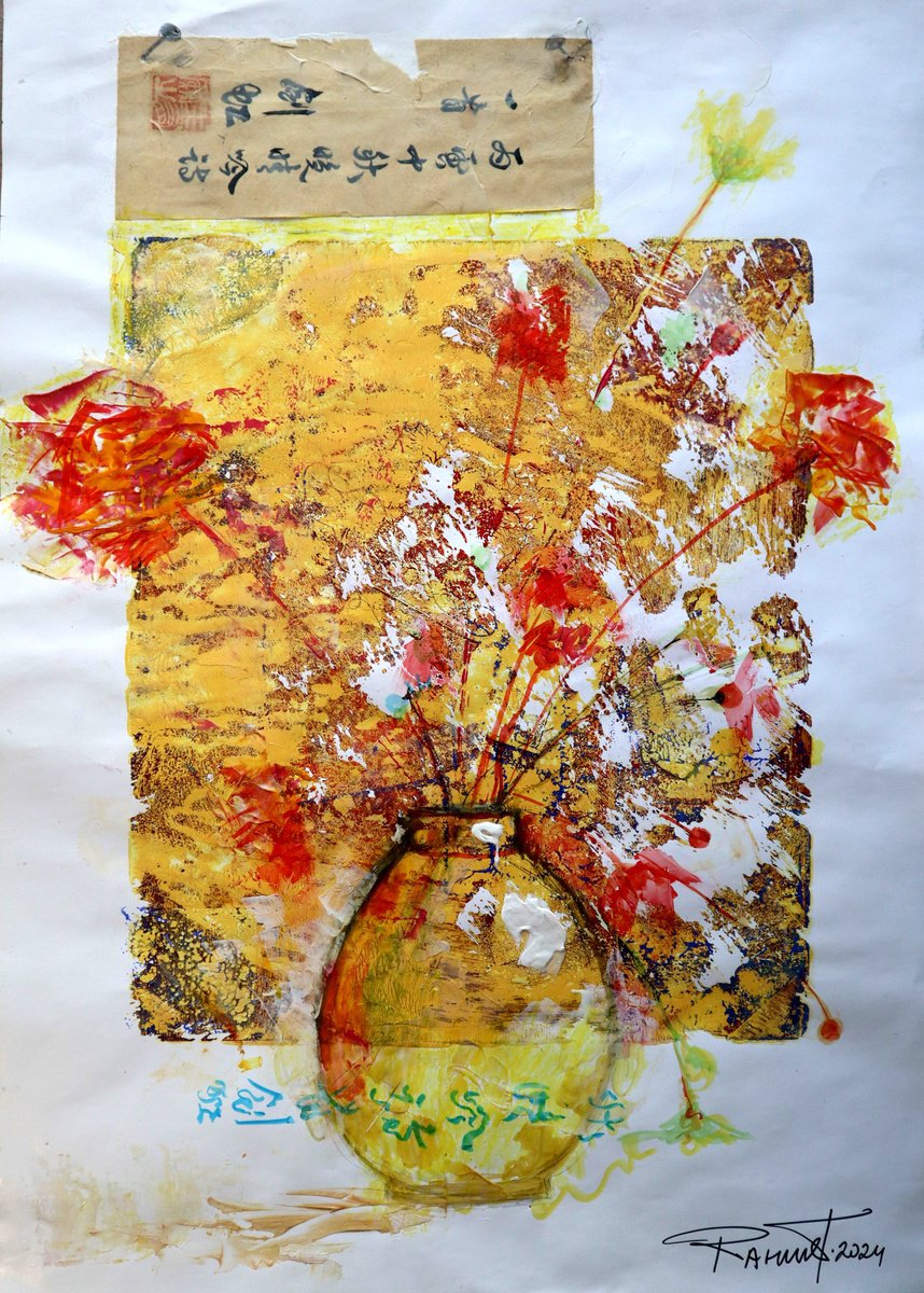 Impressionistic Botanical Acrylic Painting By Rakhmet Redzhepov, 17 X 23", Fantasy With Flowers 216, Original Artwork