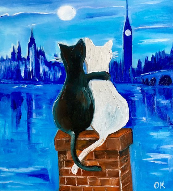 Cats in London. Mystic  night in London, Parliament.