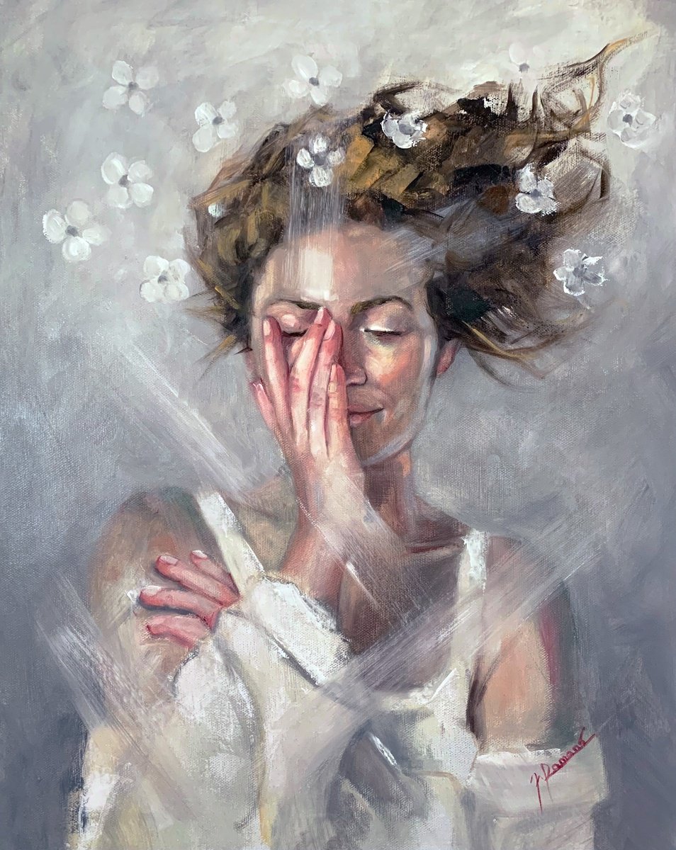 Expressive Portrait Oil Painting By Maria Romano, 16 X 20", Luminous Fragility, Original Artwork