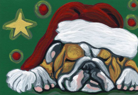ACEO ATC Original Painting Christmas English Bulldog Pet Dog Art-Carla Smale