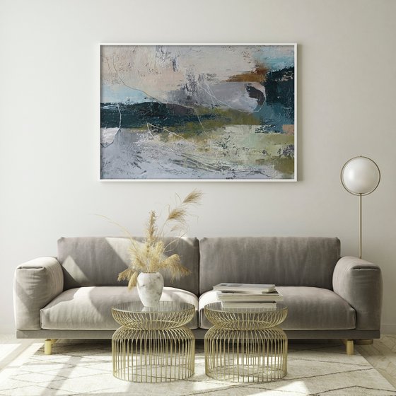"Fall 5" Gray teal green abstract acrylic art