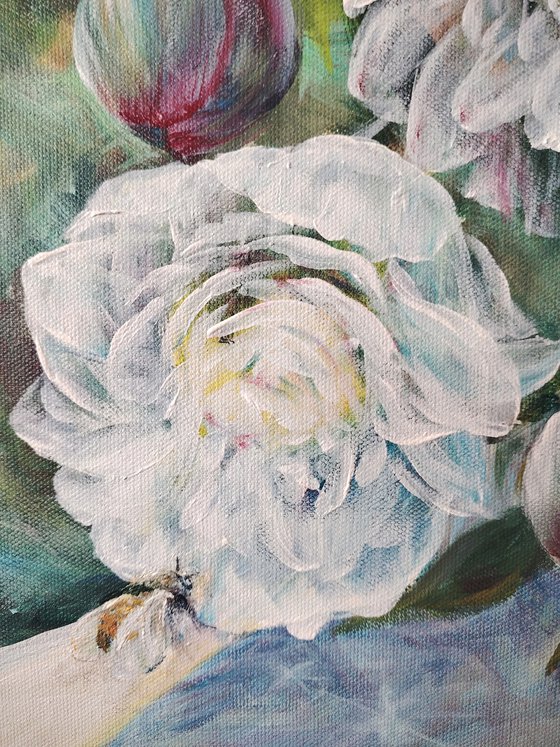 The Pionies bouquet with bees. Original.