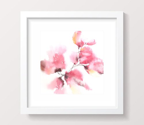 Pink loose flowers painting, small square art by Olga Grigo