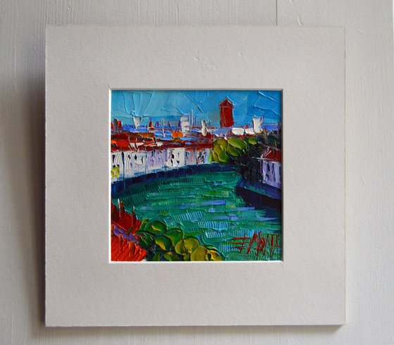View Over the Saone River - modern impressionist miniature palette knife oil painting