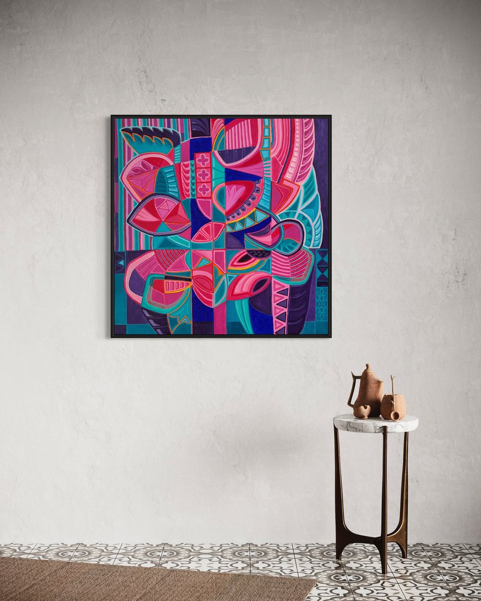 Geometric Abstract Acrylic Painting By Samantha Malone, 37 X 37", The River Runs Deeps, Original Artwork